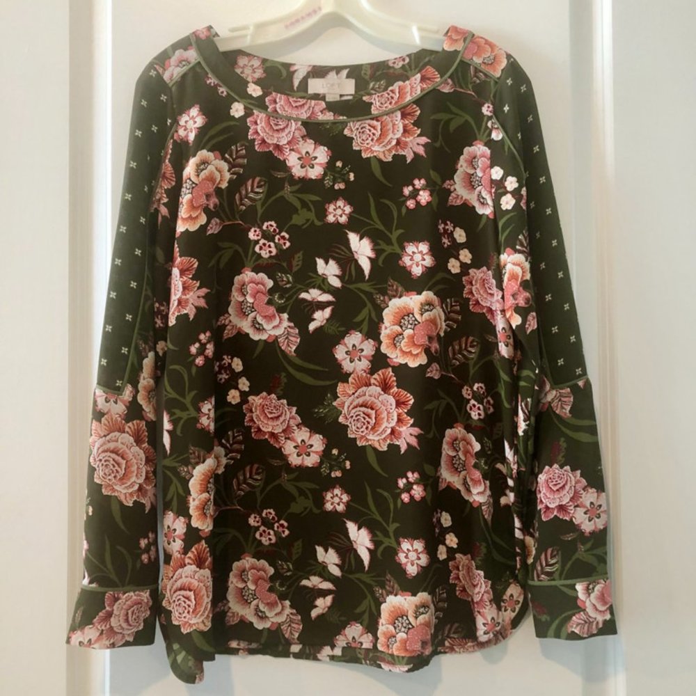 Loft Green Floral Blouse with Pink Flowers